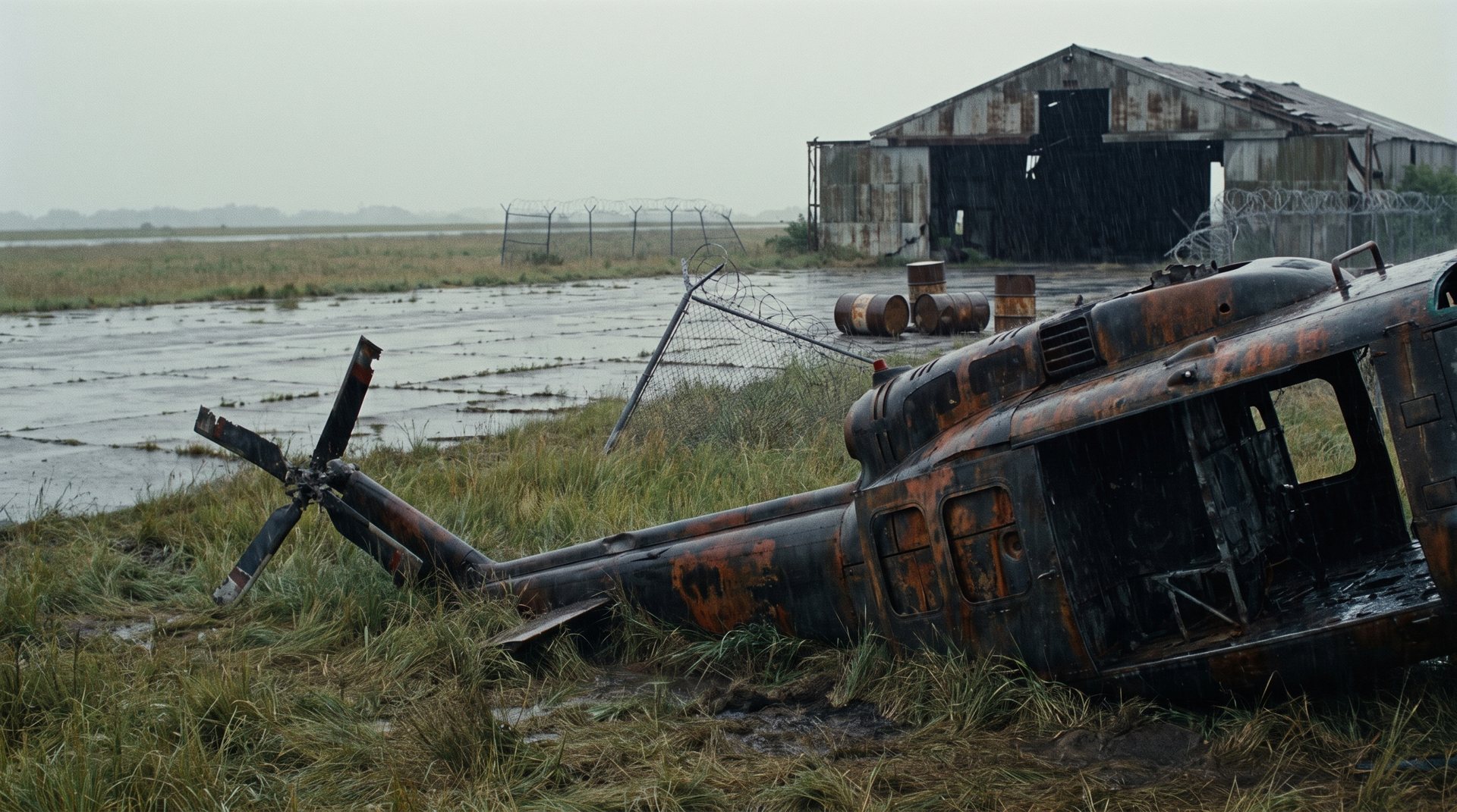 Wrack eines Militärhubschraubers vor einem verfallenen Hangar