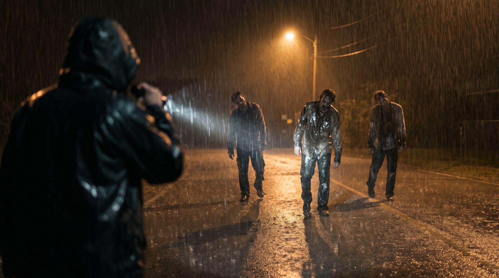 Drei Infizierte im Regen im Licht einer Taschenlampe