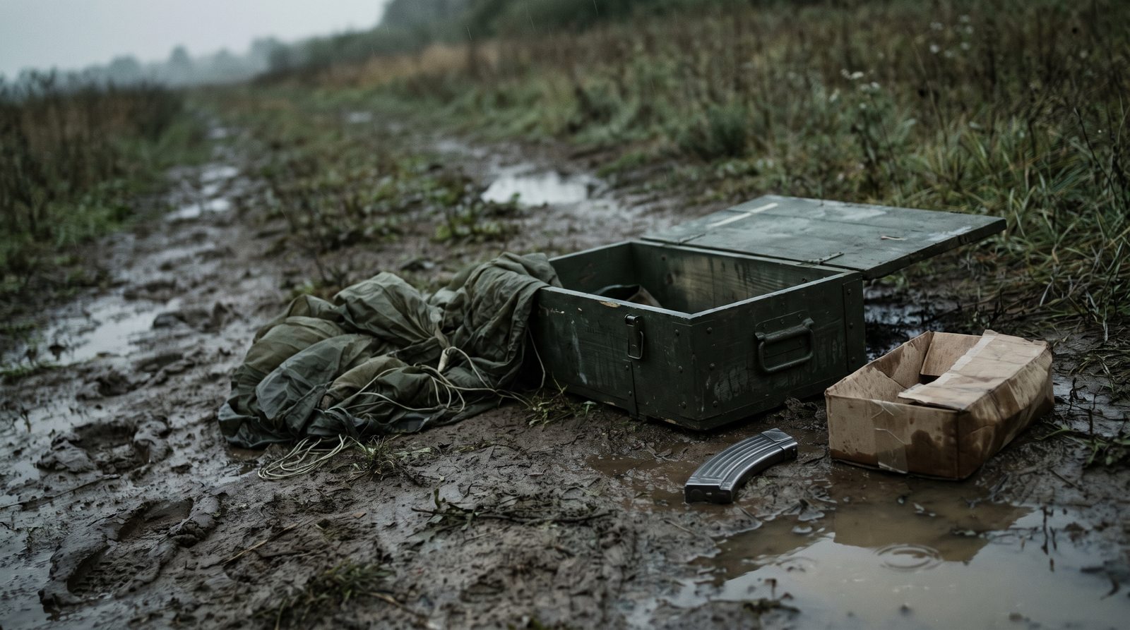 Verlassener Militärkonvoi auf einer Ausfallstraße im Regen